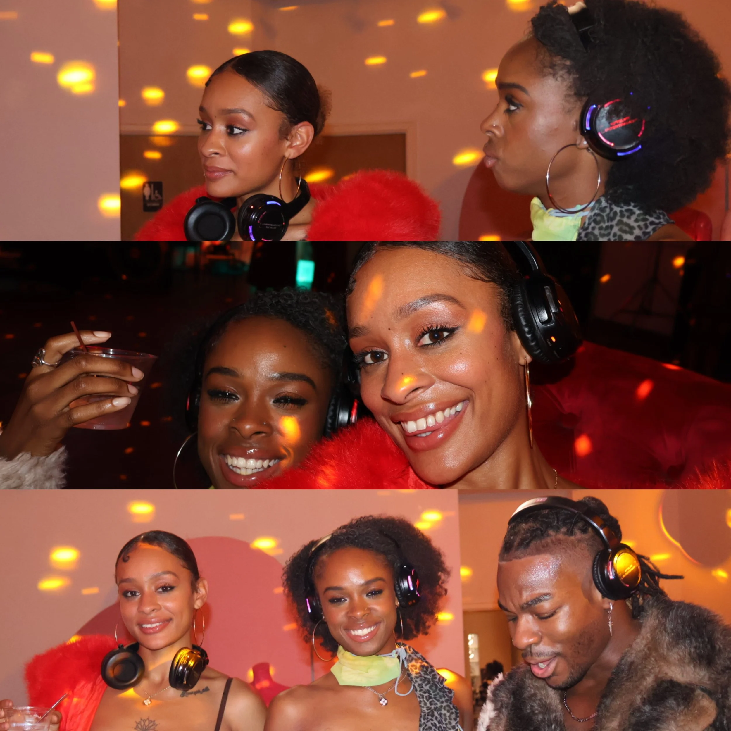 Three women at a party wearing headphones, smiling and enjoying themselves, with colorful lighting and a lively atmosphere.