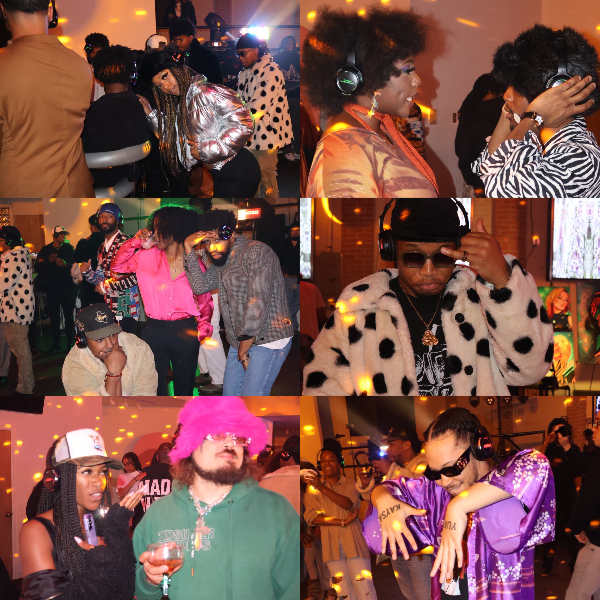 A group of people at a lively indoor event, some wearing headphones, colorful outfits, and accessories, enjoying music and socializing under warm lighting with a brick wall in the background.
