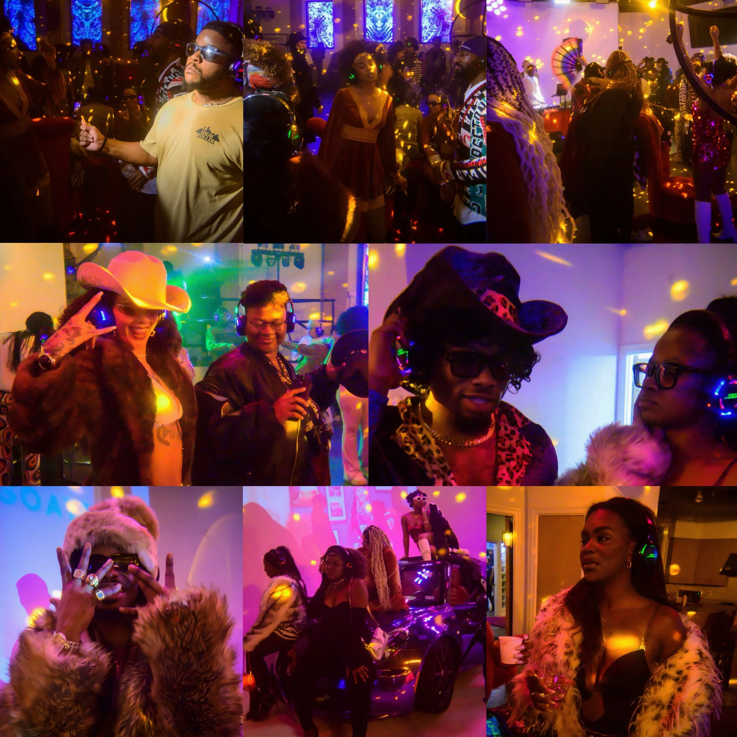 People dancing and socializing at a vibrant, colorful party with neon lights and decorations.