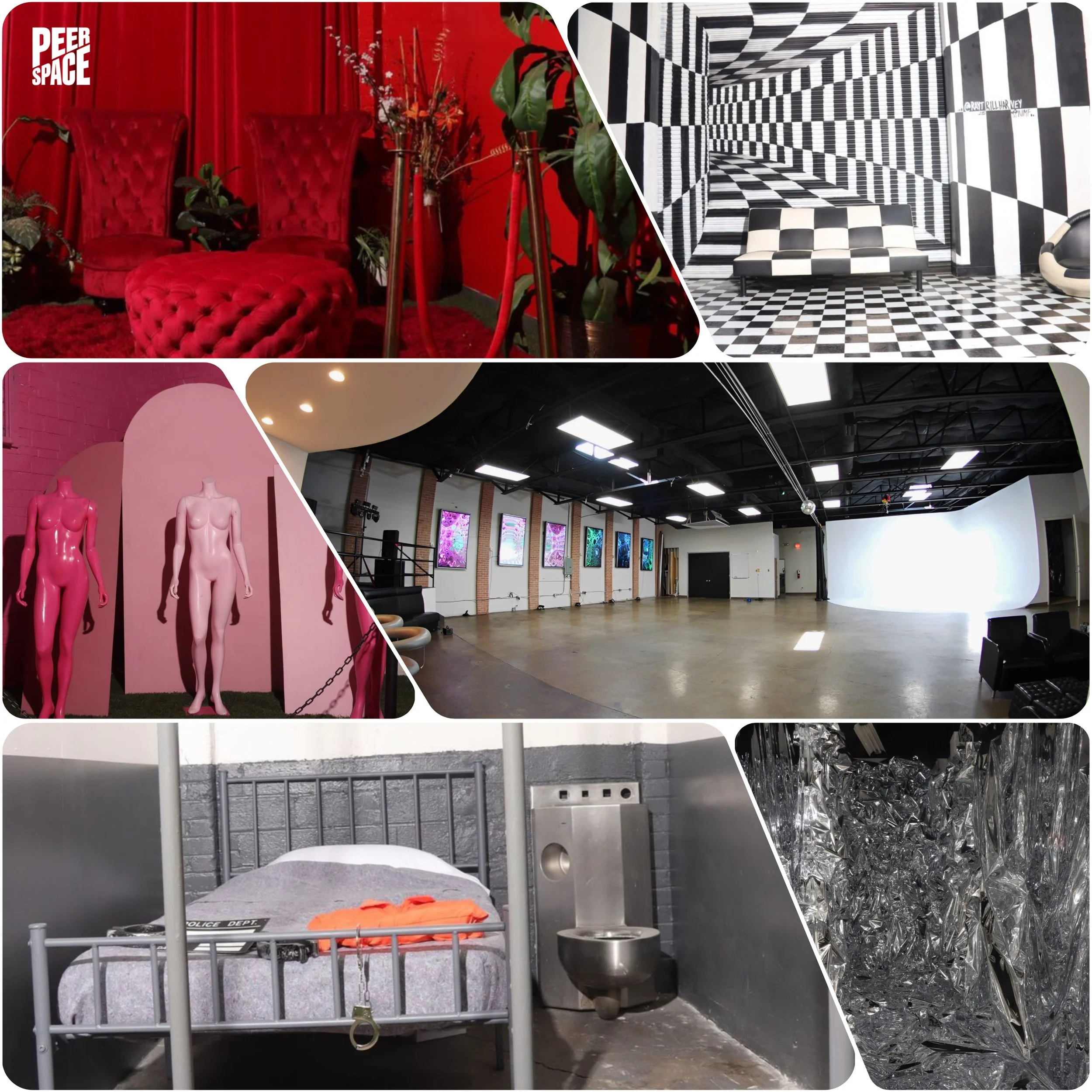 A collage of four images, including a red velvet chair and plants in a room, a maze-like black and white geometric corridor, a gallery space with digital displays, and a prison cell with metal bars and a bed.