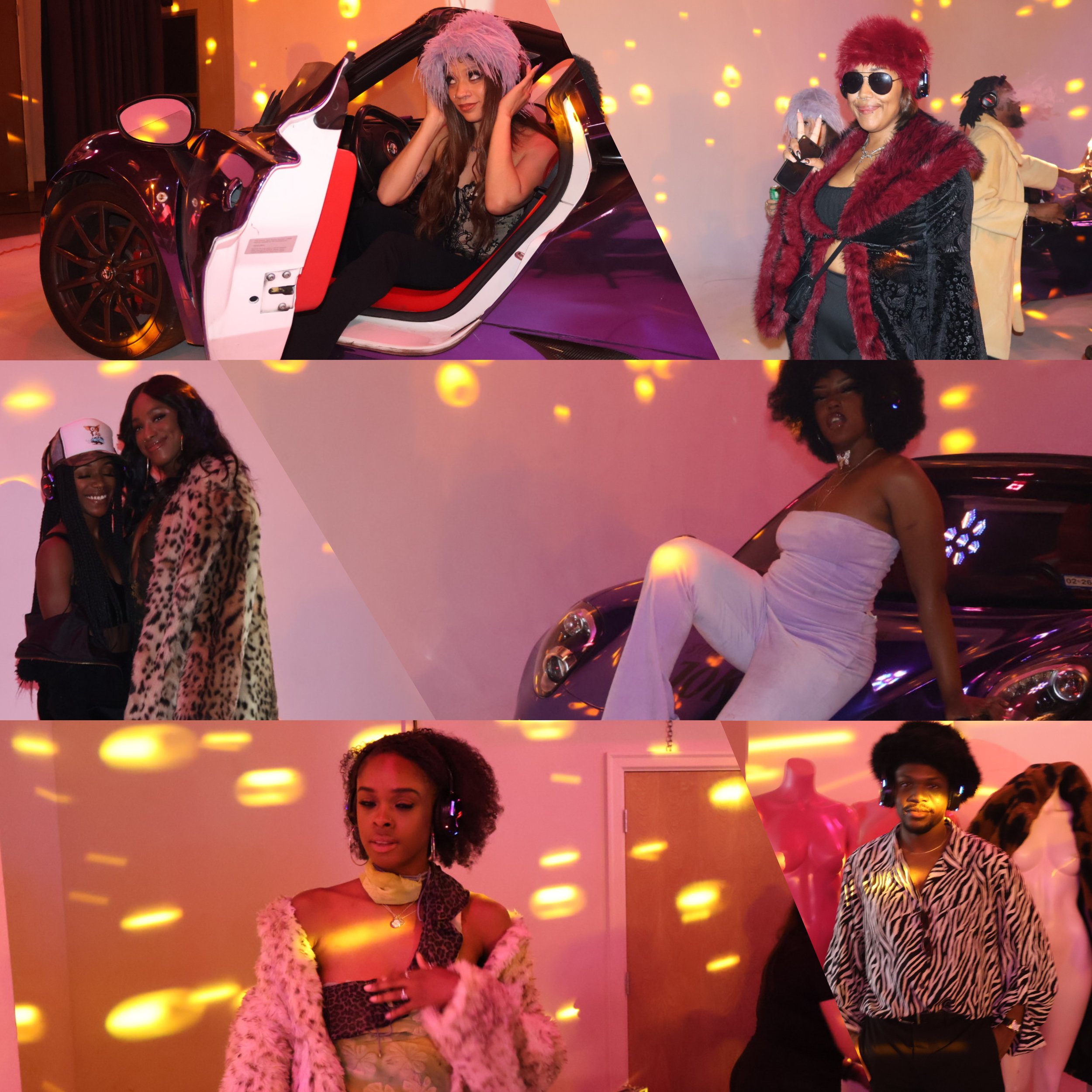 Group of diverse individuals at a lively party with pink and yellow lighting, some wearing sunglasses, headphones, and fashionable clothing, posing for photos.