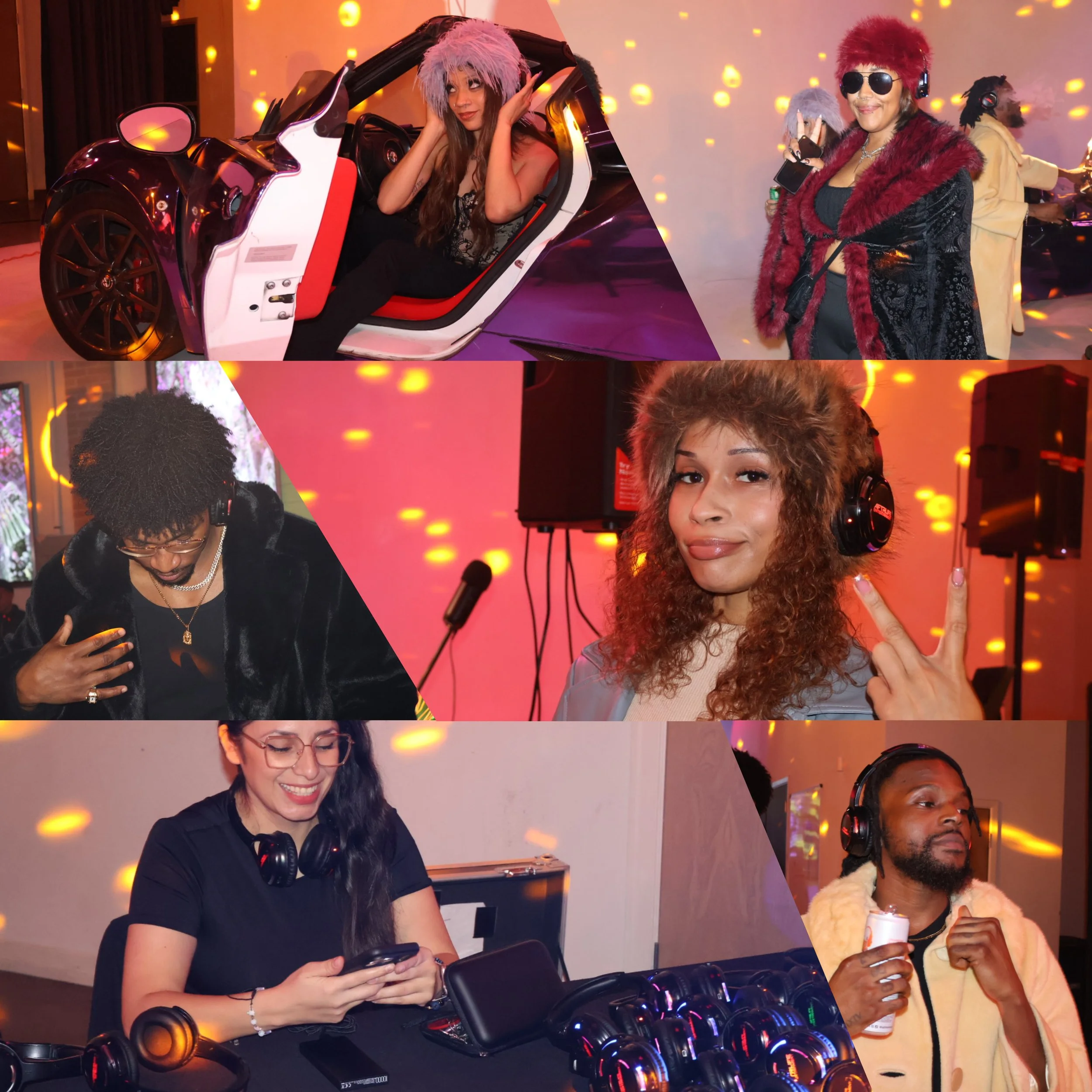People at a party or social event, some wearing headphones, with colorful lighting, and one person sitting in a small car.