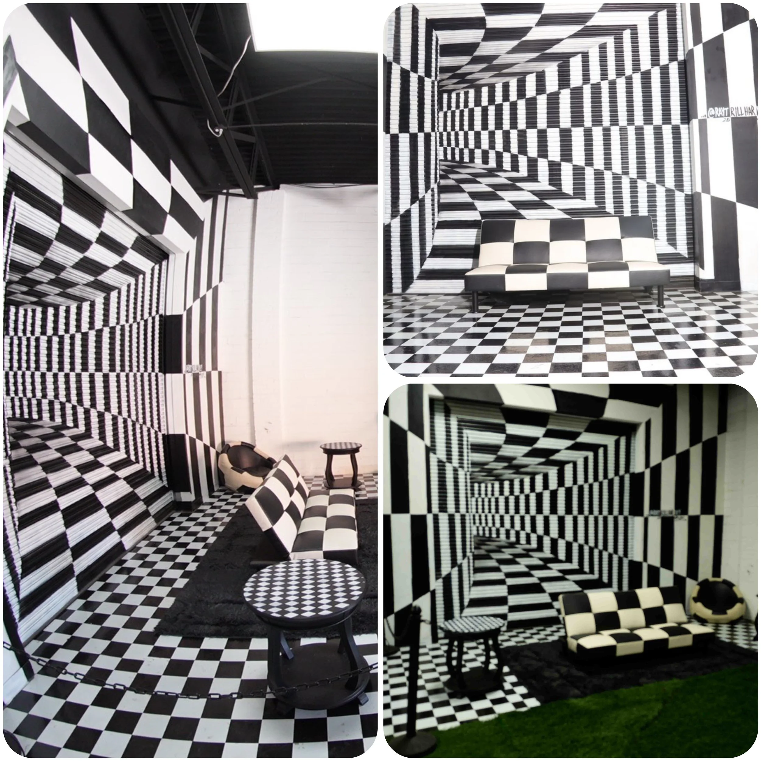 A room with black and white checkered and striped patterns covering walls, floors, ceiling, furniture, and decorations, creating an optical illusion effect.