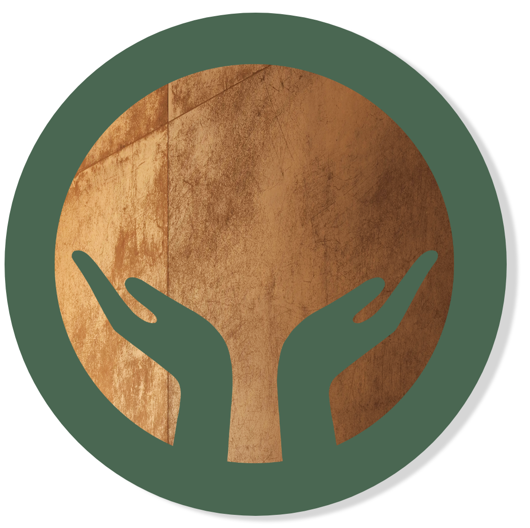 Craniosacral therapy school symbol in copper and green with hands holding the space