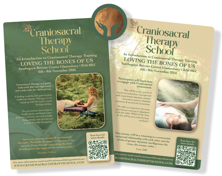 craniosacral therapy school flyers for the introduction course in Glastonbury images of craic training on green and cream