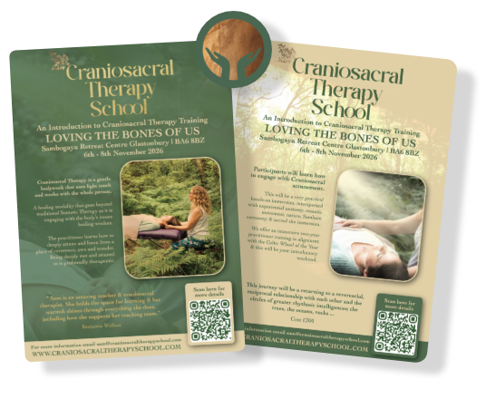 Promotional flyer for Craniosacral Therapy School featuring a person lying outdoors and a person receiving therapy in a water setting, with green and beige color scheme and QR code.