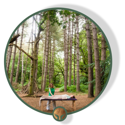 sam lowi with a client in the woods for a craniosacral session