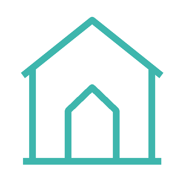 Line drawing of a house with a gable roof and front door.