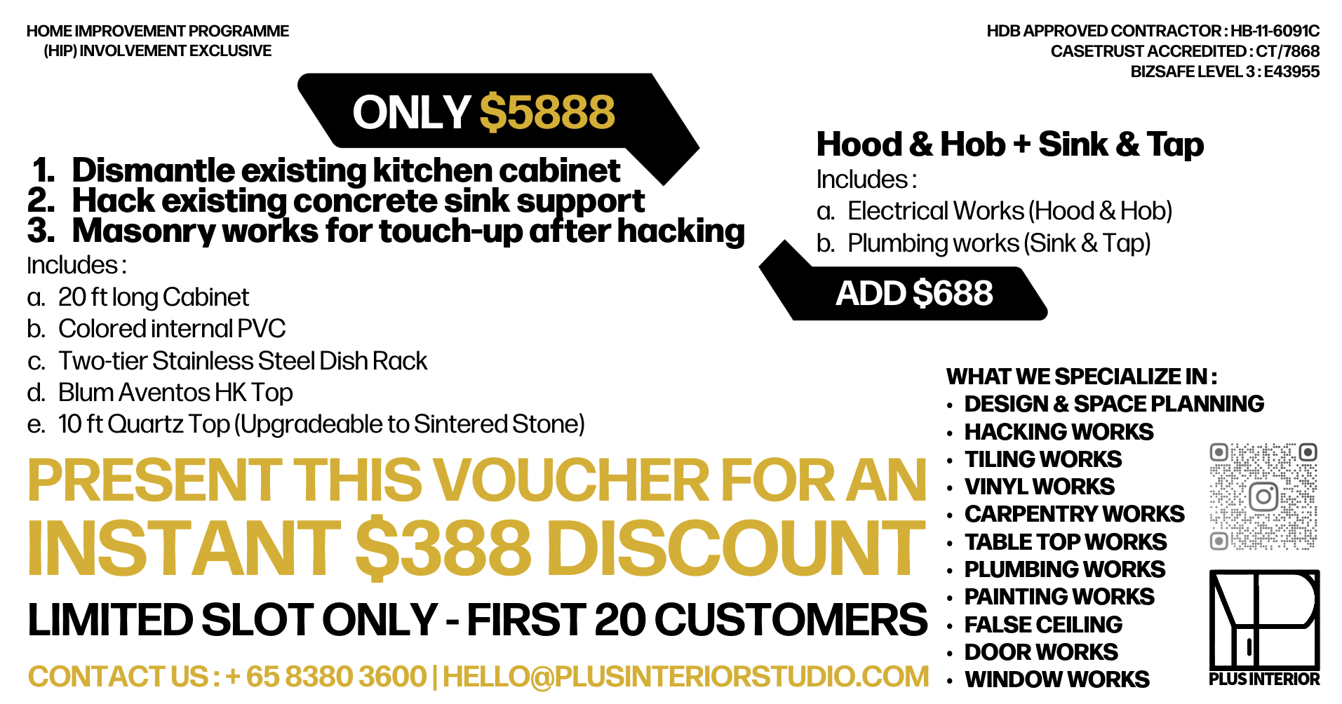 A promotional voucher for home improvement services with a price of $5888, detailing kitchen renovation tasks and additional electrical and plumbing work for extra $688, including the scope of work, company certification, contact information, and QR codes.