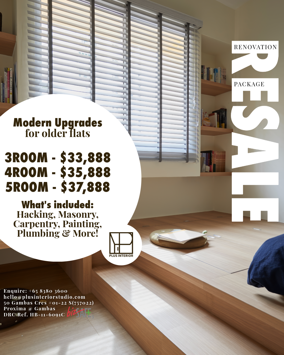 An interior room with large window blinds, a wooden date, a book on a tray, and built-in bookshelf with books. Overlaid text advertising renovation packages for older flats with prices and included services, contact information, and company logo.