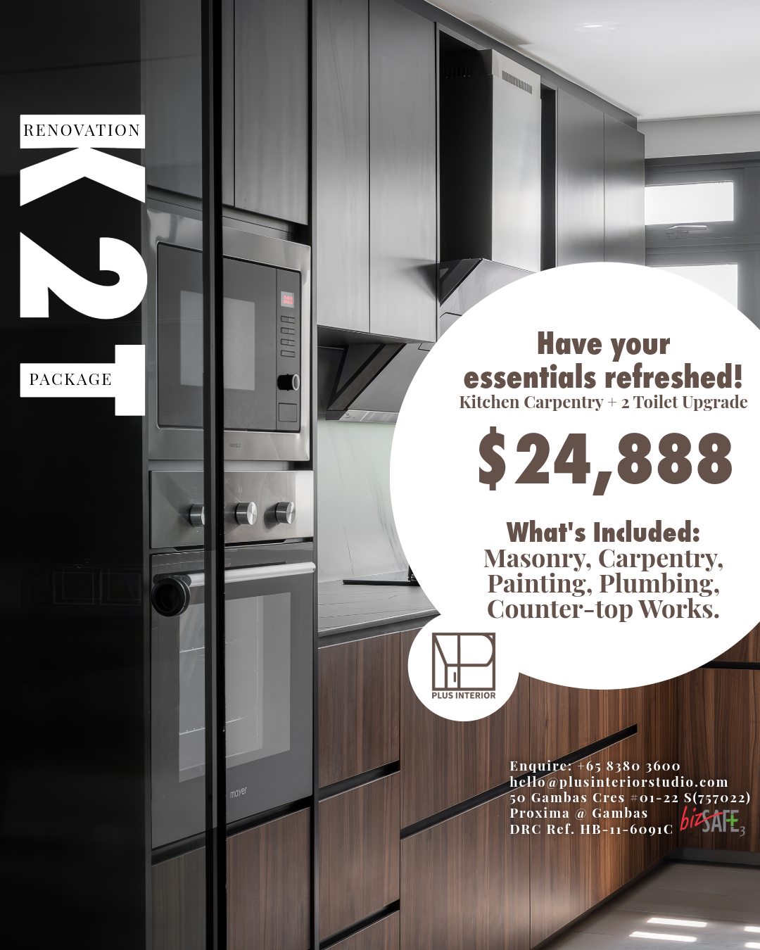 Kitchen with modern appliances and dark wood cabinets, advertisement for renovation package offering kitchen carpentry and bathroom upgrades for $24,888, including masonry, painting, plumbing, and counter-top works.
