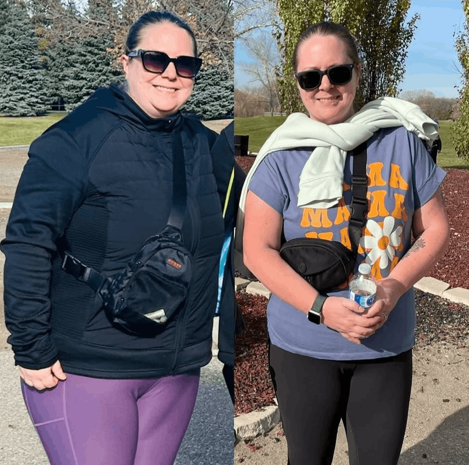 Two women outdoors, one in a black jacket and purple leggings, the other in a gray T-shirt and black pants, both wearing sunglasses and smiling.