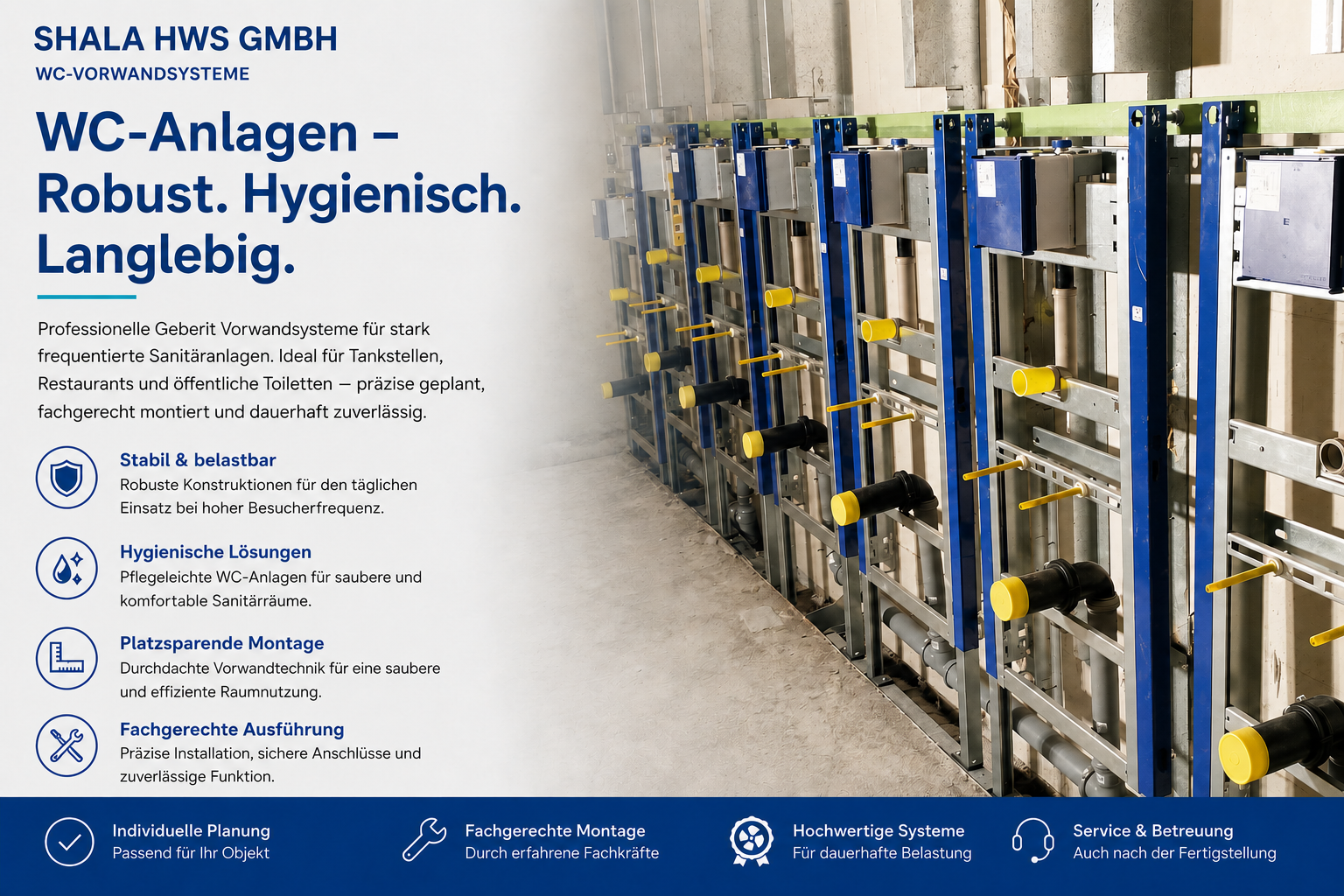 Plakat für WC-Vorwandssysteme mit der Überschrift 'WC-Anlagen – Robust. Hygienisch. Langlebig.' und einem Bild von verschiedenen Baustoffen und Installationselementen.