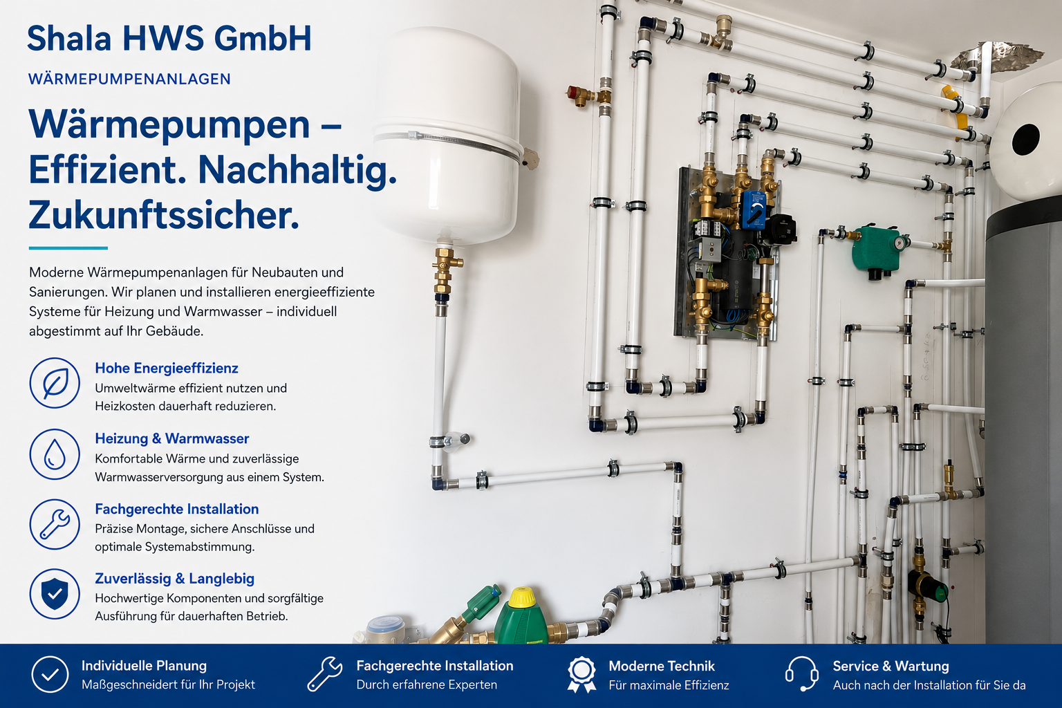 Informationsstand zu Wärmepumpen von Shala HWS GmbH mit technischer Installation im Hintergrund.