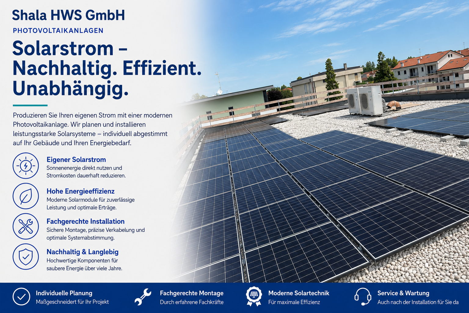 Werbebild für Solarenergie, zeigt eine Dachterrasse mit installierten Photovoltaik-Solarmodulen, Text hebt Vorteile wie erneuerbare Energie, Effizienz, fachgerechte Installation und Langlebigkeit hervor.