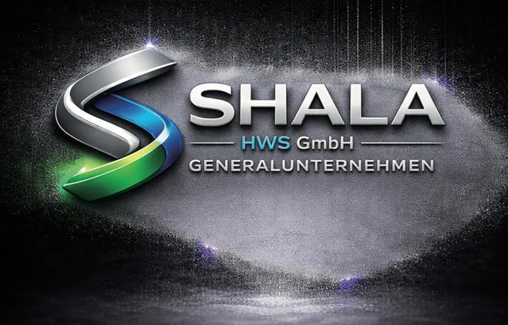 Firmenlogo mit stilisiertem S in Silber, blau und grün, daneben die Wörter ‚SHALA HWS GmbH‘ und ‚GENERALUNTERNEHMEN‘ auf schwarzem Hintergrund