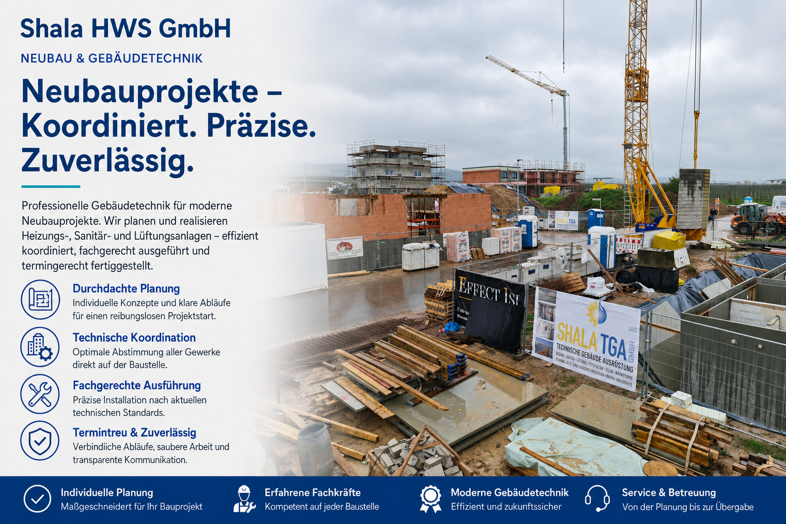 Informational poster für Shala HWS GmbH, Bauprojekte, Baustelle mit Kräne und Baustoffe, Firmenlogo und Text über Planung, Koordination, Ausführung, Termine, Fachkräfte, Technik, Service.