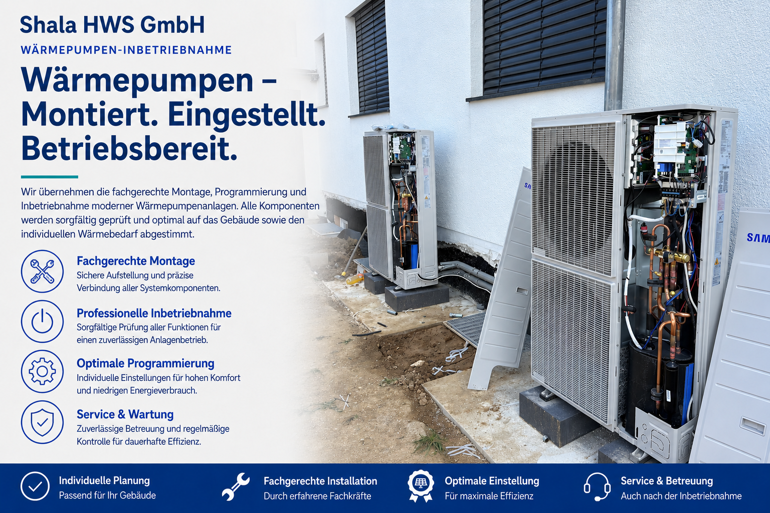 Text und Bild einer Heizungs- und Klimaanlageninstallation im Außenbereich mit zwei geöffneten Geräten in der Nähe eines weißen Gebäudes, daneben Installationswerkzeug und Kabel.