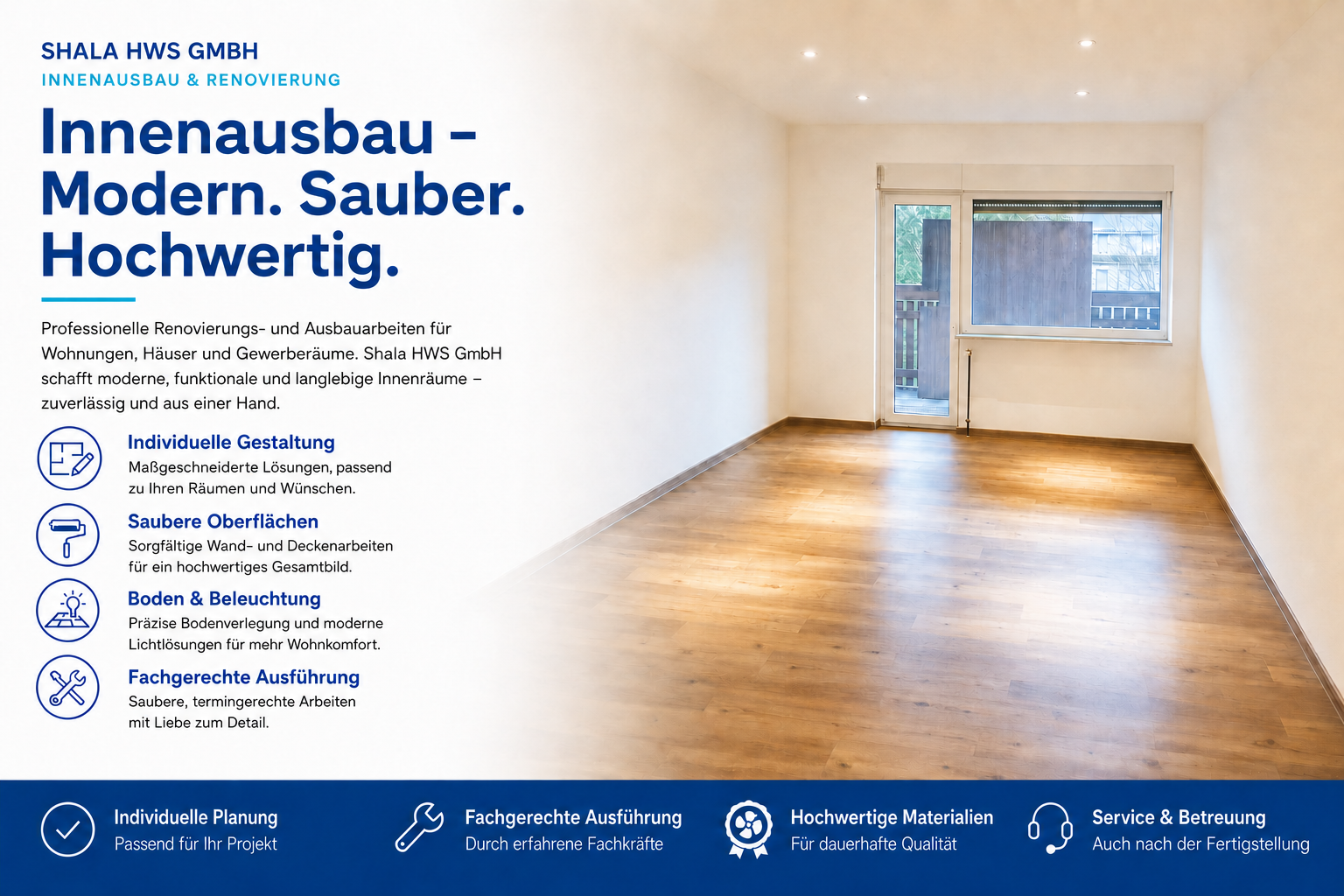 Leeres, modern aussehendes Zimmer mit Holzfußboden, weißen Wänden, großen Fenstern und Deckenleuchten.