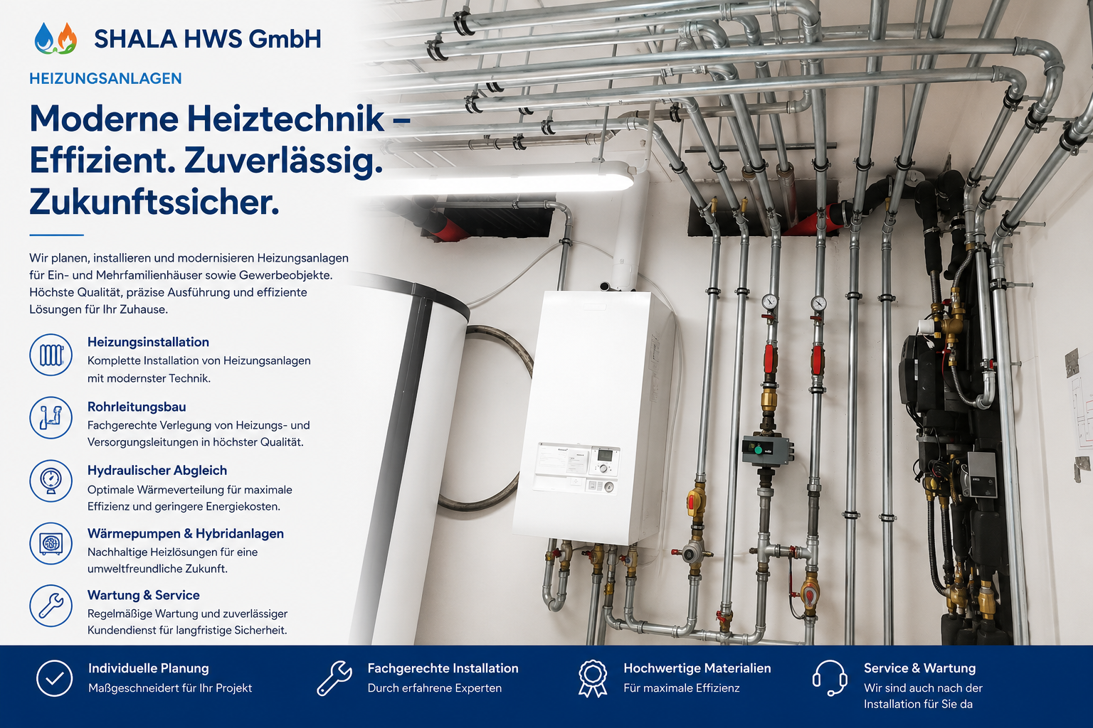 Bild von modernen Heiztechnik-Komponenten mit Rohrleitungen, Steuerungssystem und Pumpen, begleitet von einer Beschreibung der Heizungssystem-Dienstleistungen auf einem Info-Panel.