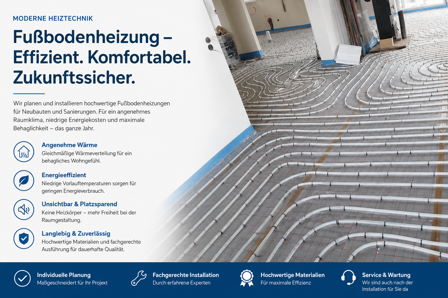 Informationsblatt zur Fußbodenheizung mit Text und Symbolen auf der linken Seite und Bild einer Fußbodenheizung unter Estrich auf der rechten Seite.