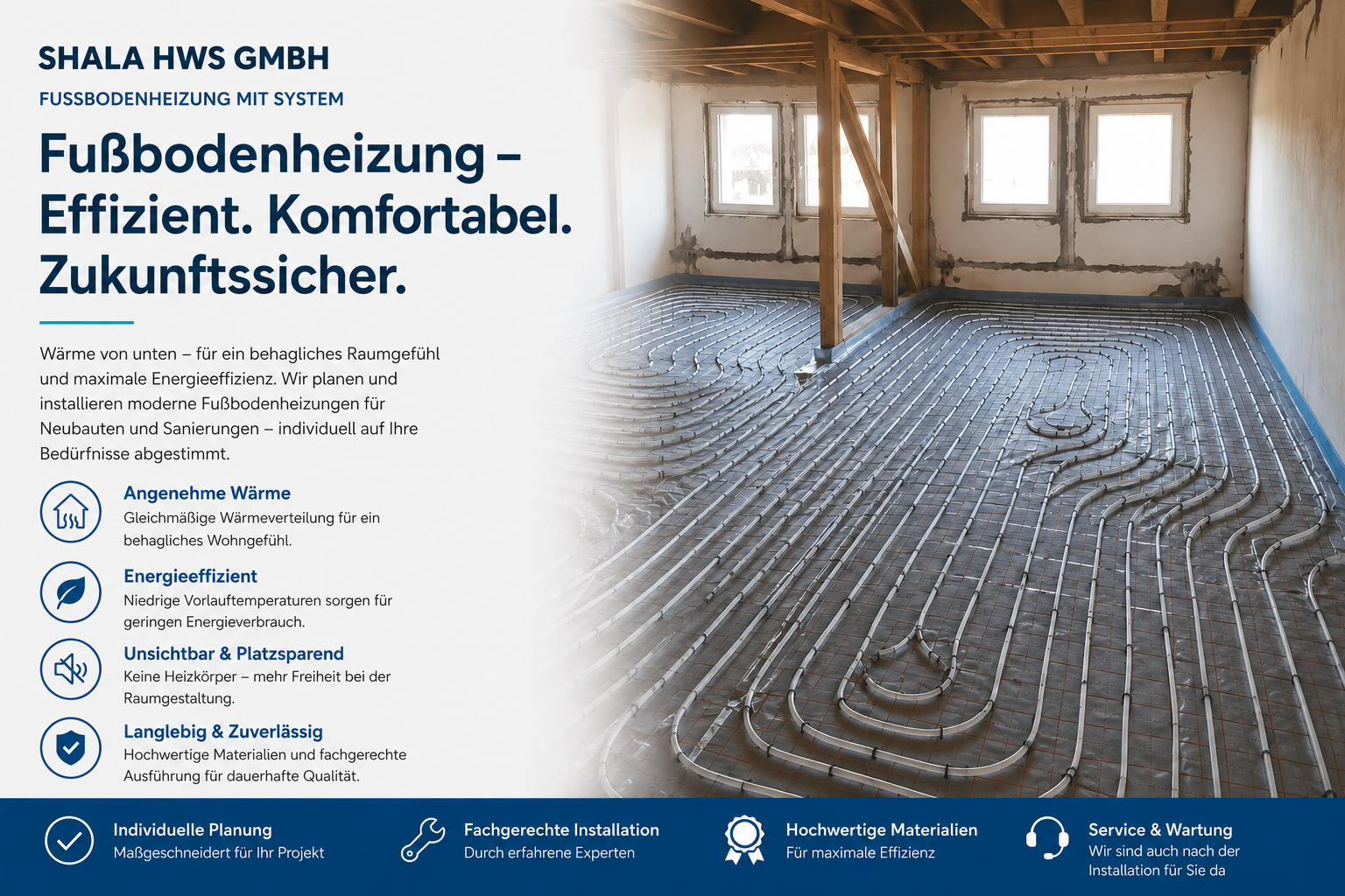 Das Bild zeigt eine Baustelle mit einer installierten Fußbodenheizung und mehreren Fenstern im Hintergrund. Auf der linken Seite befindet sich ein Text mit Informationen über die Fußbodenheizungssysteme von SHALA HWS GMBH.