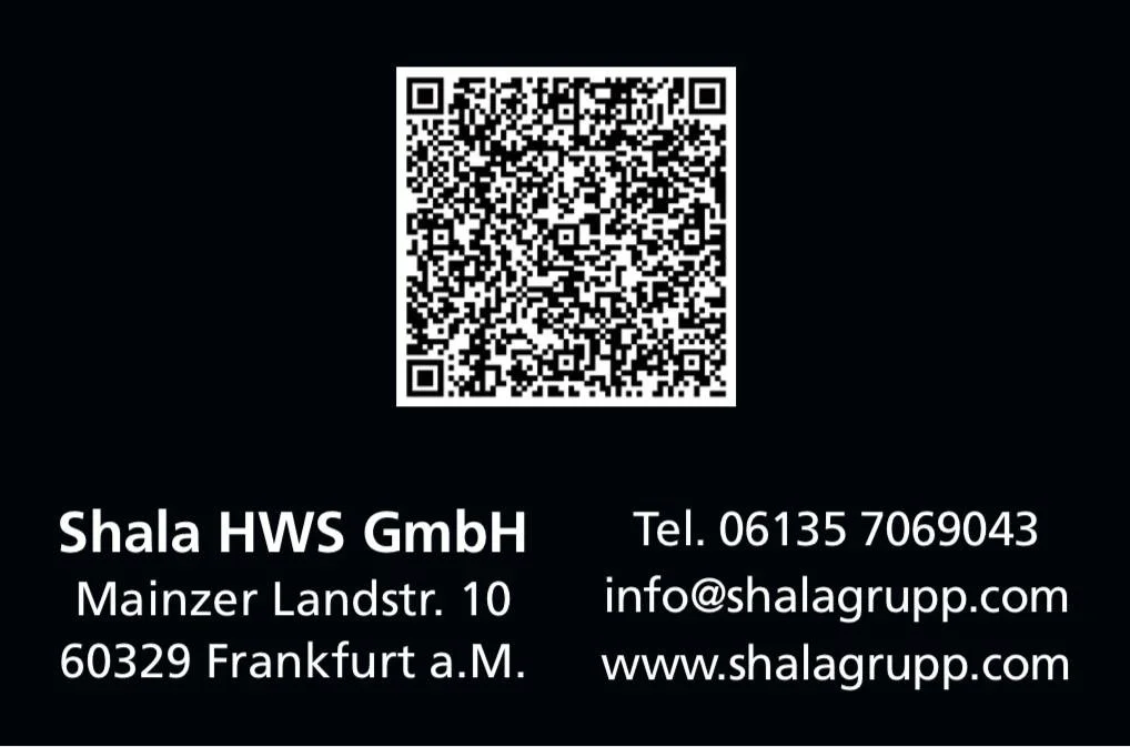 Geschäftskarte für Shala HWS GmbH mit QR-Code, Firmenadresse Mainzer Landstr. 10, 60329 Frankfurt am Main, Telefonnummer 06135 7069043, E-Mail info@shalagrupp.com und Webseite www.shalagruppe.com