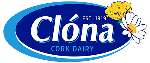 Clona Cork Dairy logo with blue oval background and white text, featuring yellow and white daisy flowers