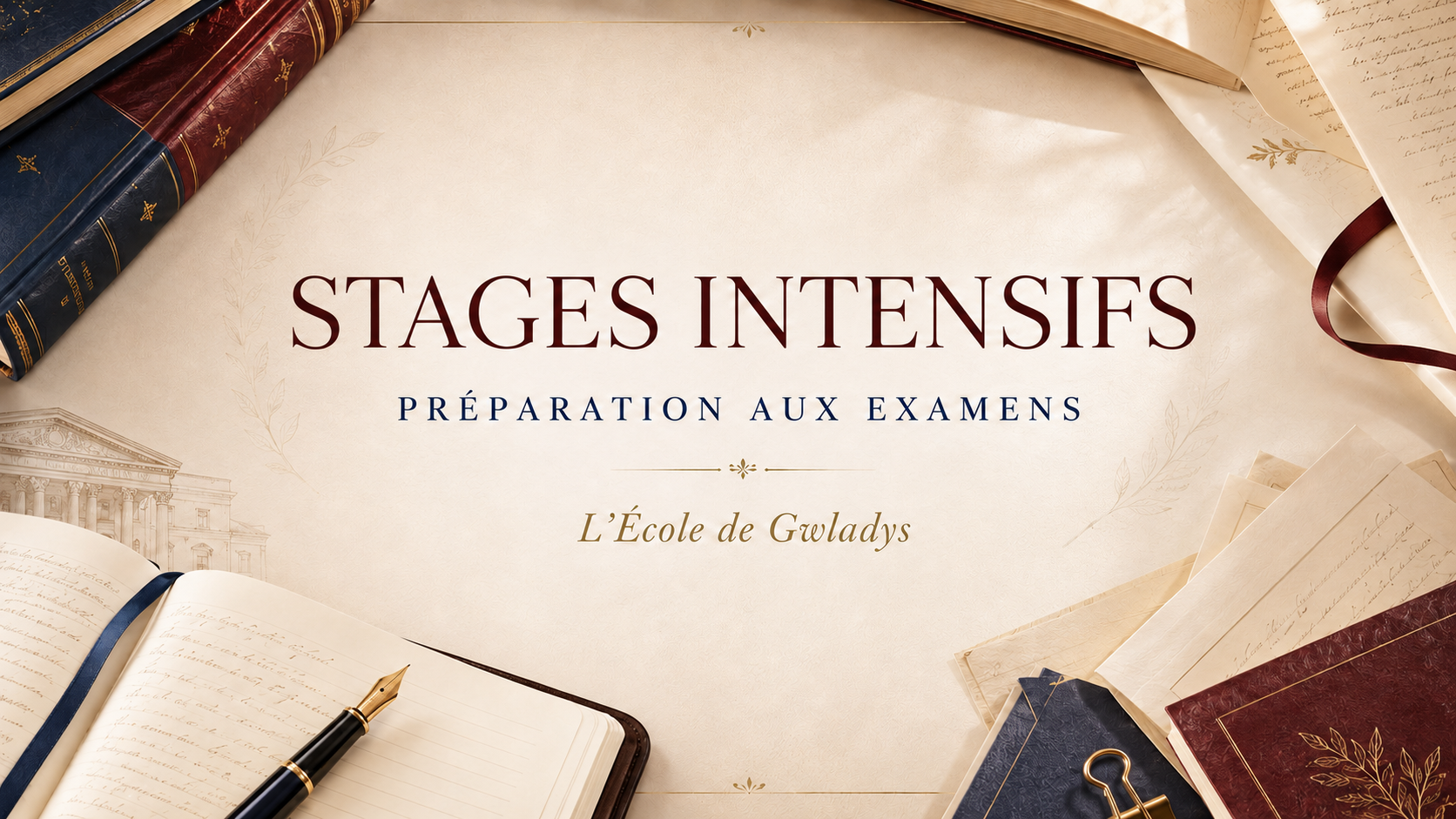 Page de couverture d'un programme de stage intensif de préparation aux examens, organisée par L'École de Gwladys, avec des livres anciens, une plume et du papier.