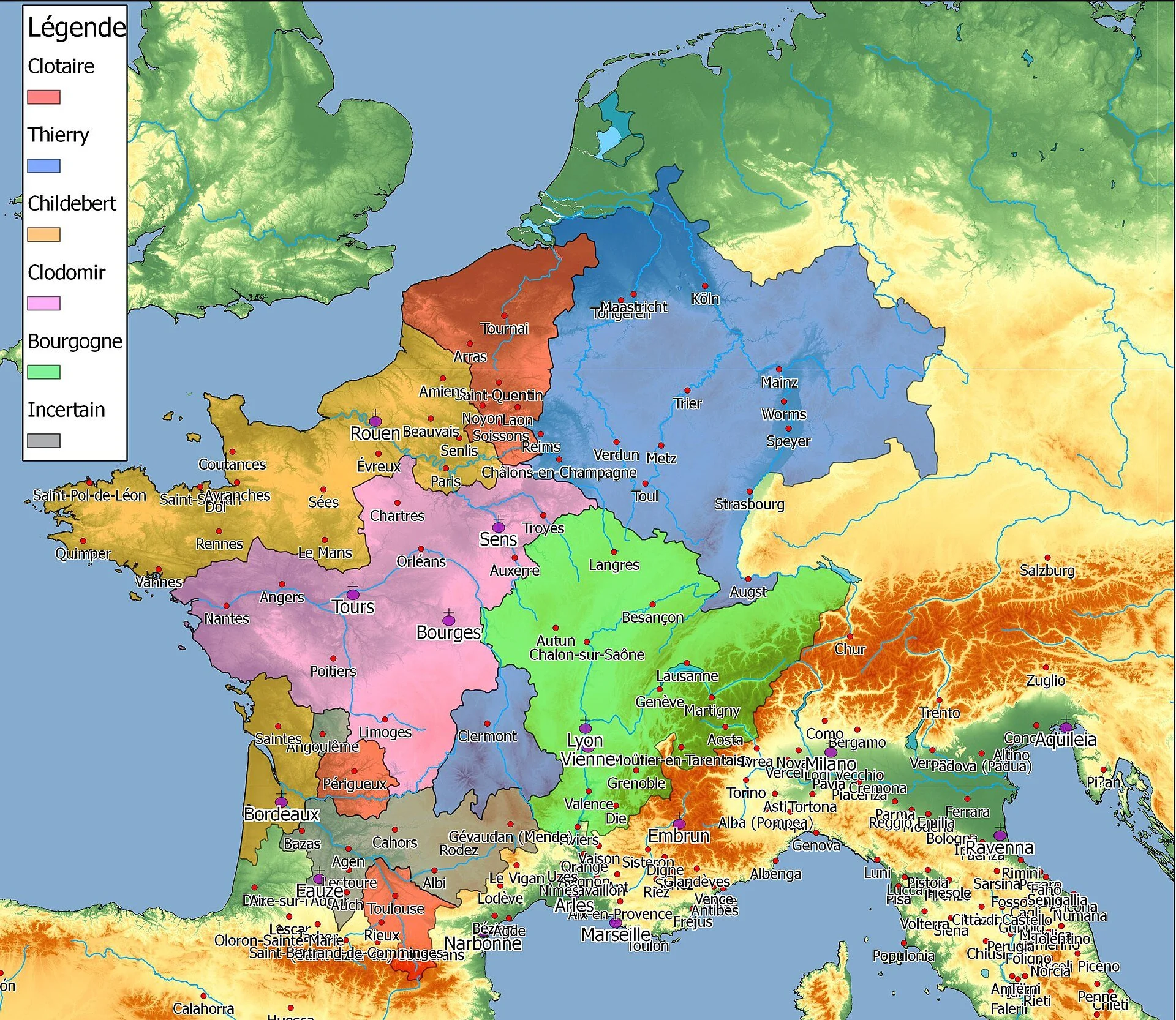 Carte du royaume franc en 511 après la mort de Clovis