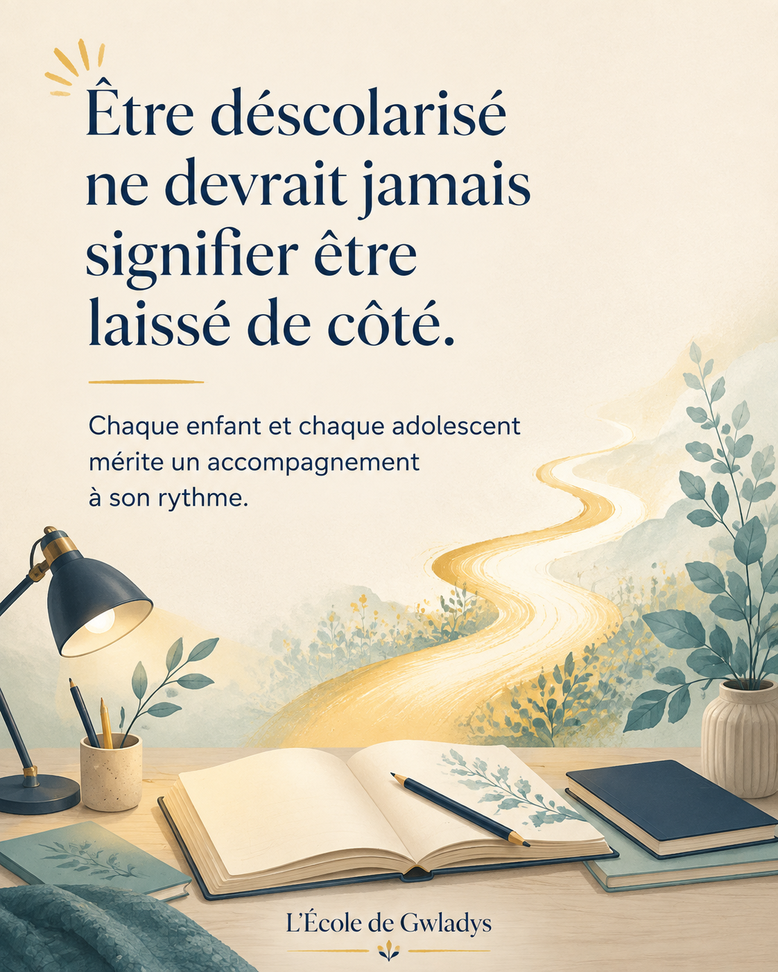 Une affiche avec un message en français sur l'importance de ne pas laisser de côté un enfant ou un adolescent. Illustrations douces avec un chemin doré, des plantes, un livre ouvert, une lampe de bureau, et un carnet. Titre : 'L'École de Gwladys'.