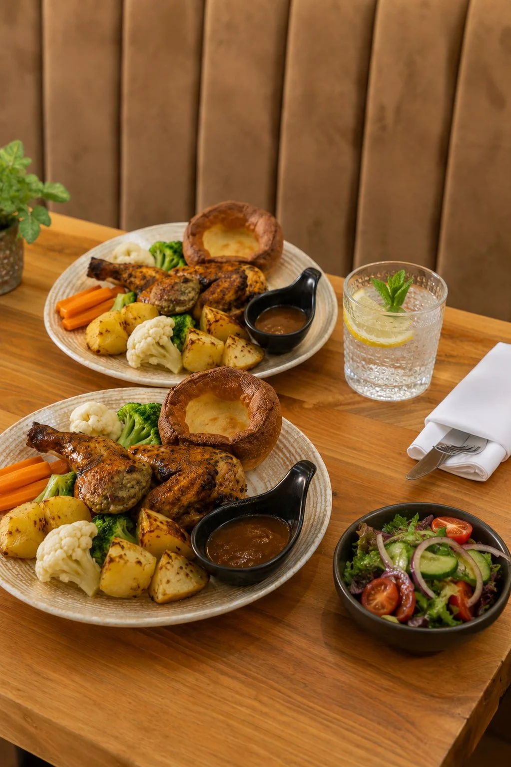 Two plates of roasted chicken with vegetables, stuffed mushrooms, and gravy, along with a side salad and a glass of lemon water garnished with mint and lemon slices on a wooden table.