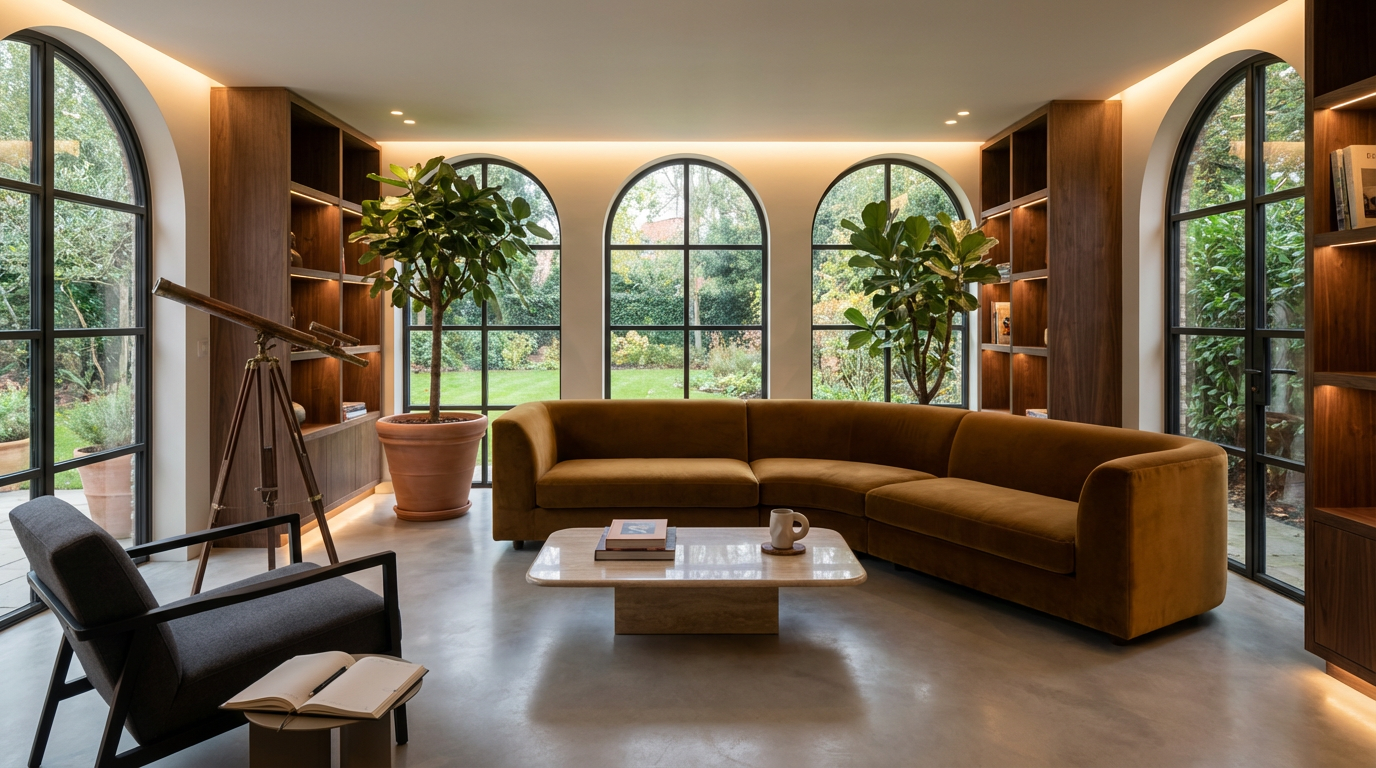 Modern living room with large arched windows, a mustard-colored sectional sofa, a dark armchair with an open book, a telescope, large potted plants, and built-in wooden shelves featuring books and decor, overlooking a lush green garden.