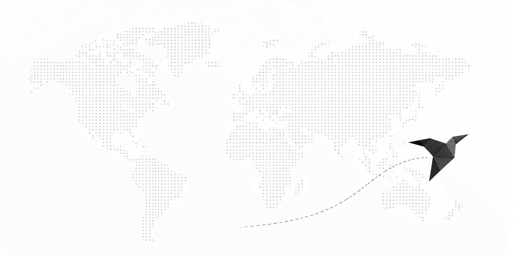 Digital illustration of a world map made up of gray dotted patterns with a black origami-style bird flying across the map, leaving a dashed flight trail.