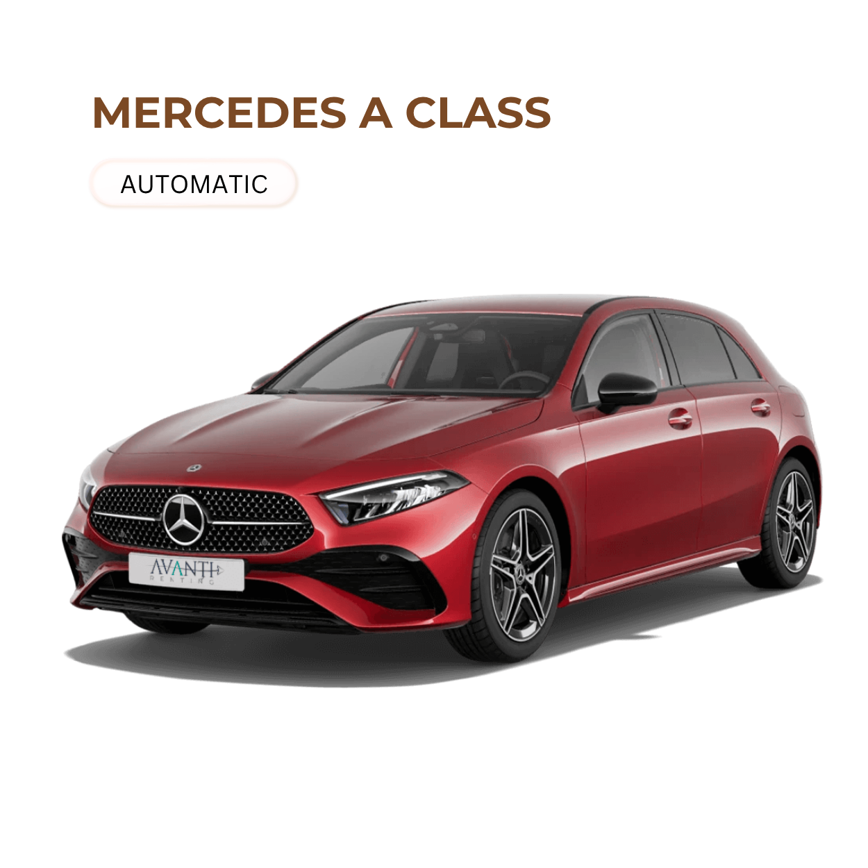Red Mercedes-Benz A-Class hatchback car on a white background, with 'Mercedes A Class' and 'Automatic' text above it.