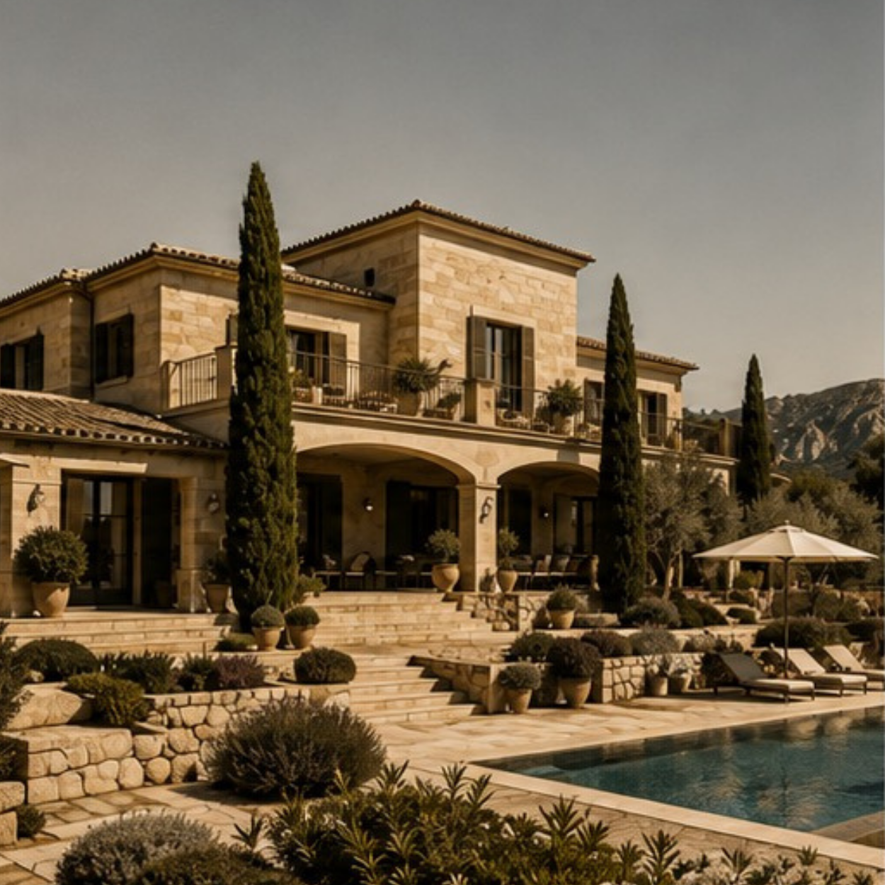 Luxury mansion with stone facade, surrounded by cypress trees, a pool, and outdoor lounging area, mountainous landscape in the background.