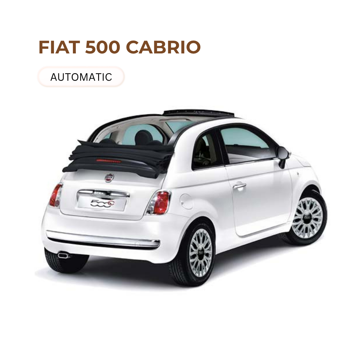 White Fiat 500 Cabrio with black convertible top partially lowered, showing a compact two-door design and alloy wheels, isolated on a white background.