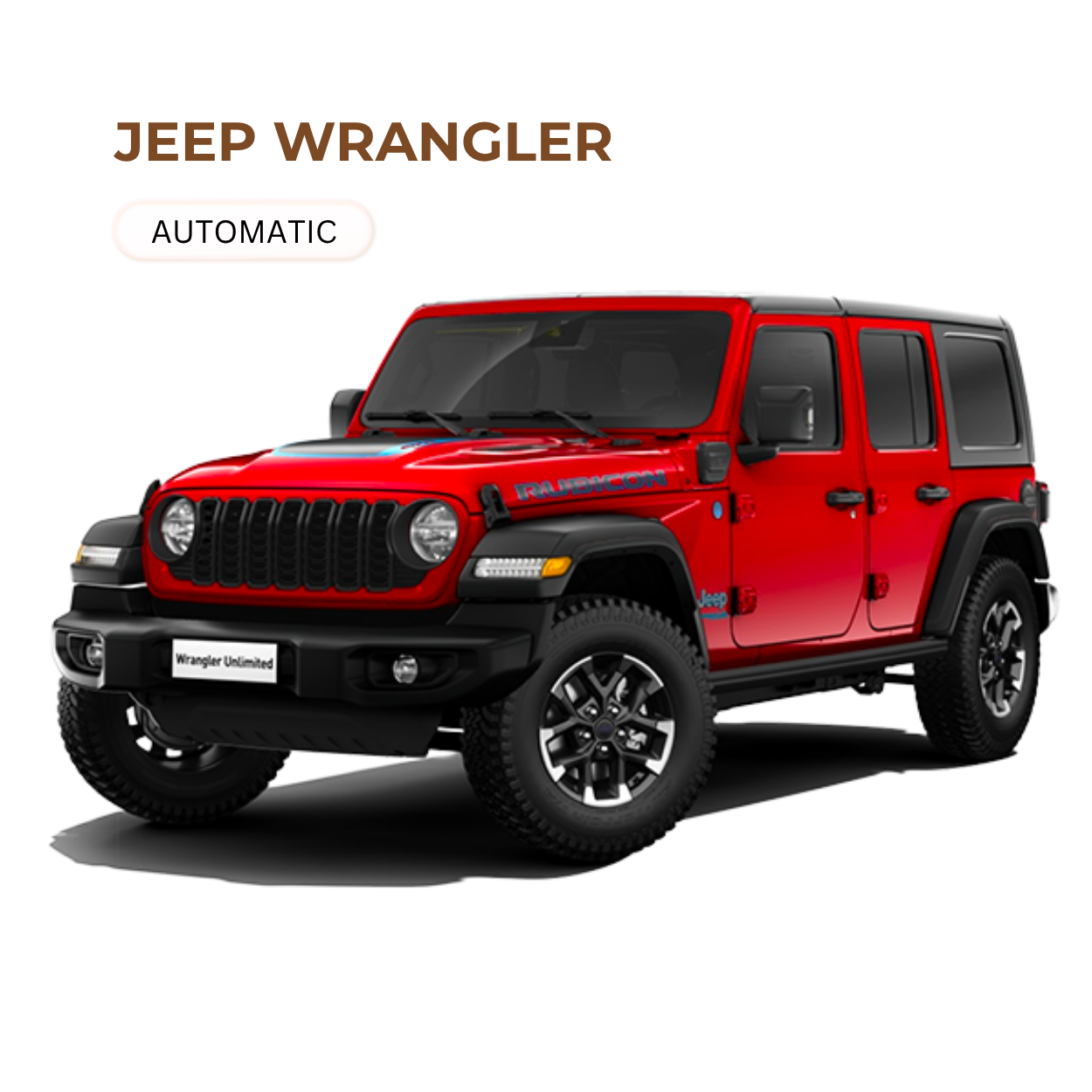 Red Jeep Wrangler Unlimited with black roof and tires, front view, labeled automatic, with Jeep and Rubicon decals.