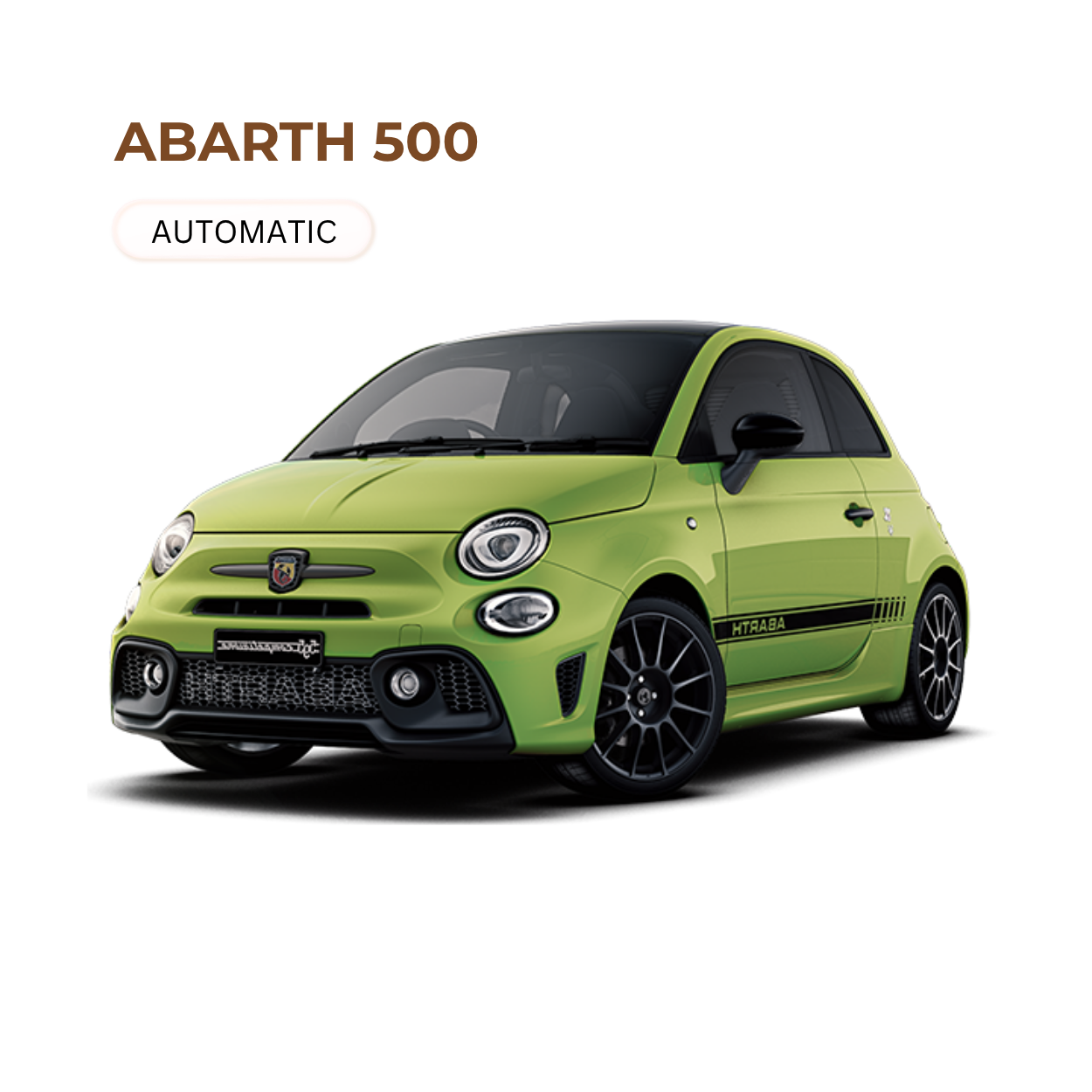 Bright green compact car with black wheels and accents, branded as Abarth 500, with the text 'AUTOMATIC' above it.