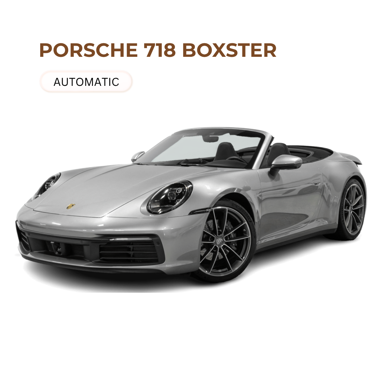 A silver Porsche 718 Boxster convertible sports car with black rims and a black interior, parked on a plain white background, with text indicating it is an automatic.