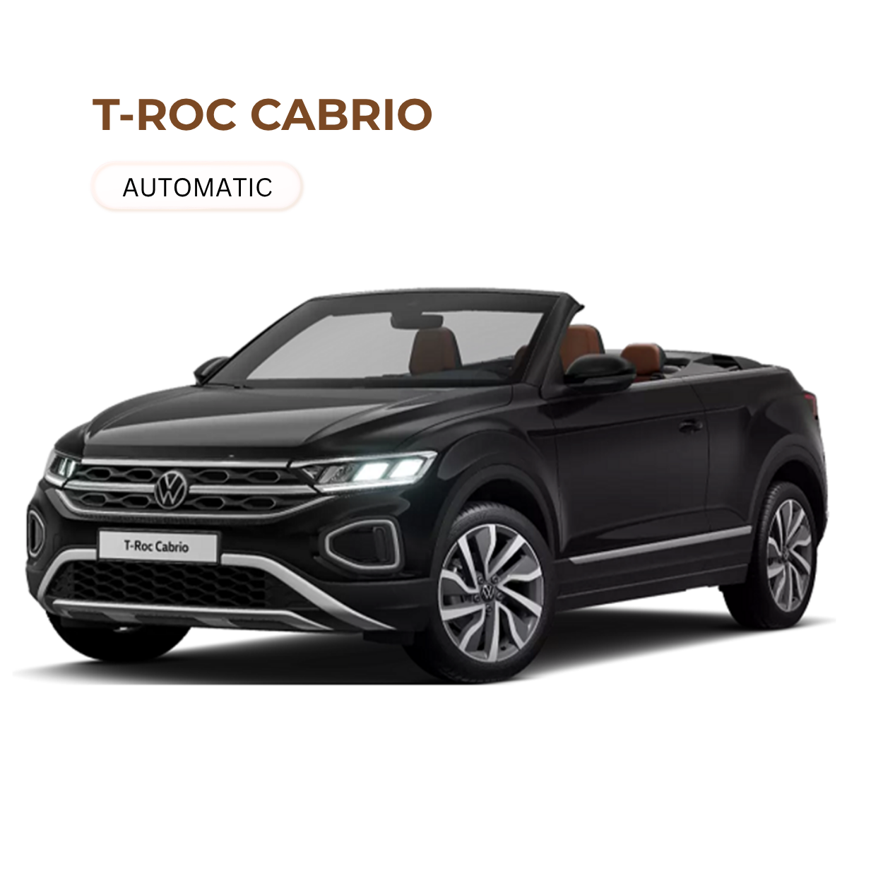 Black Volkswagen T-Roc Cabrio with brown interior seats and open convertible top, front view.
