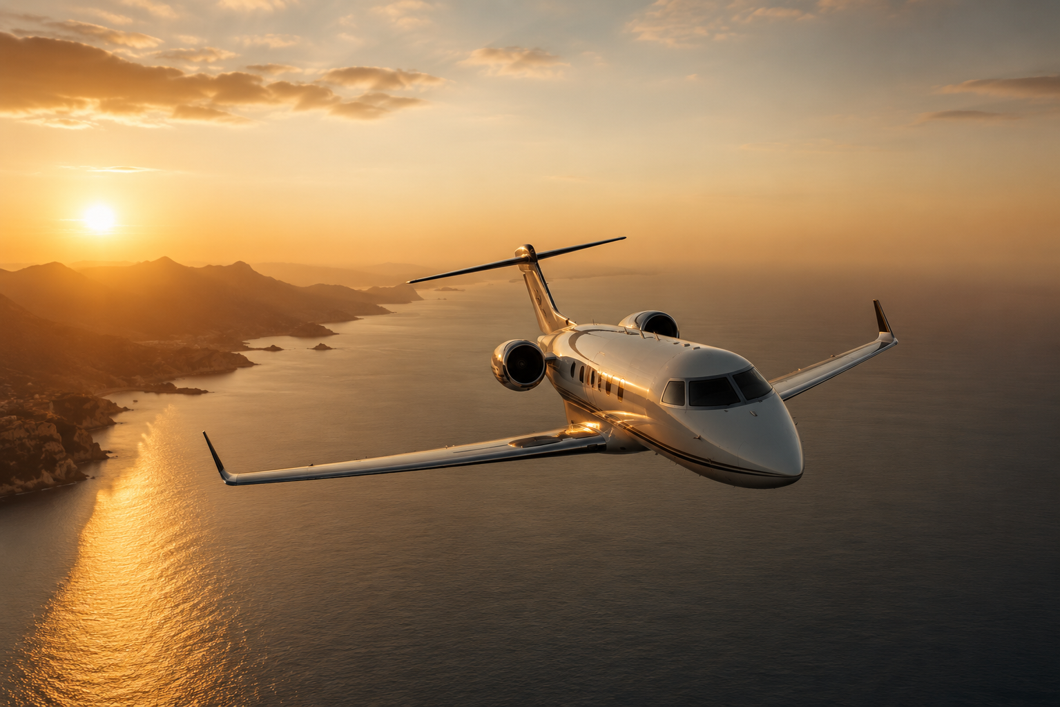 A private jet flying over a coastline during sunset with the sun near the horizon and mountains in the distance.