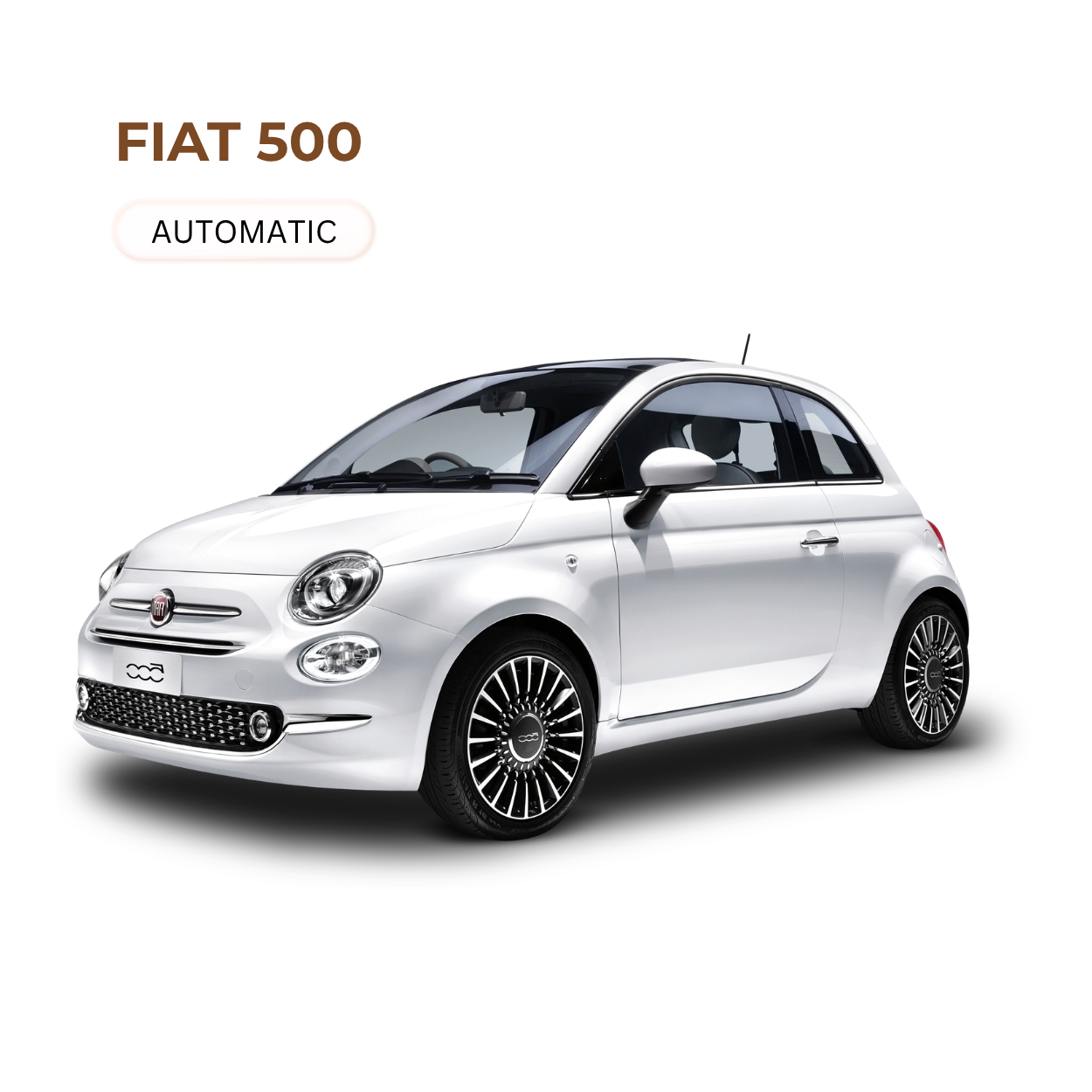 A white Fiat 500 car with black and silver rimmed wheels on a white background, front view.