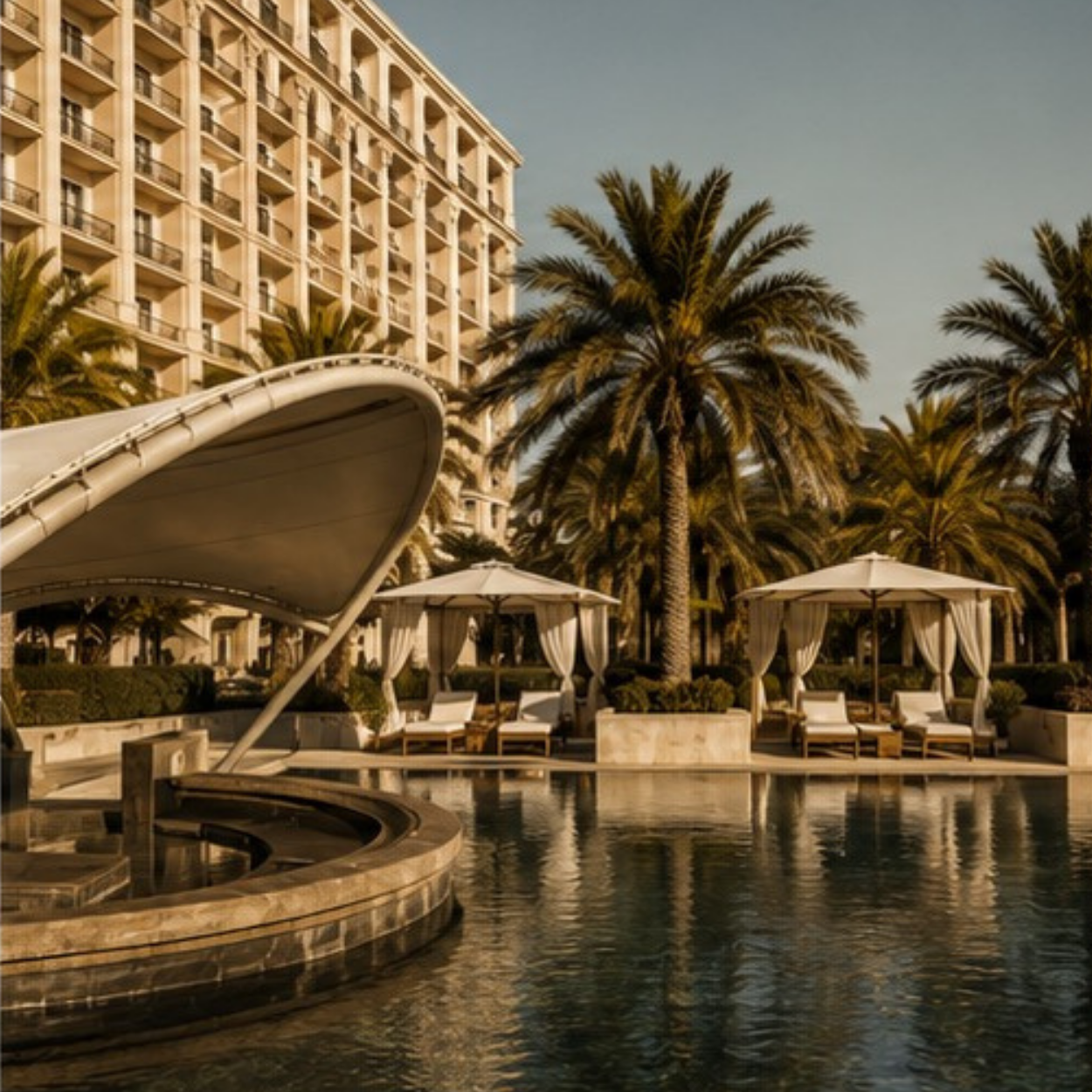 Pool area with cabanas, lounge chairs, and palm trees in front of a high-rise hotel or resort building.