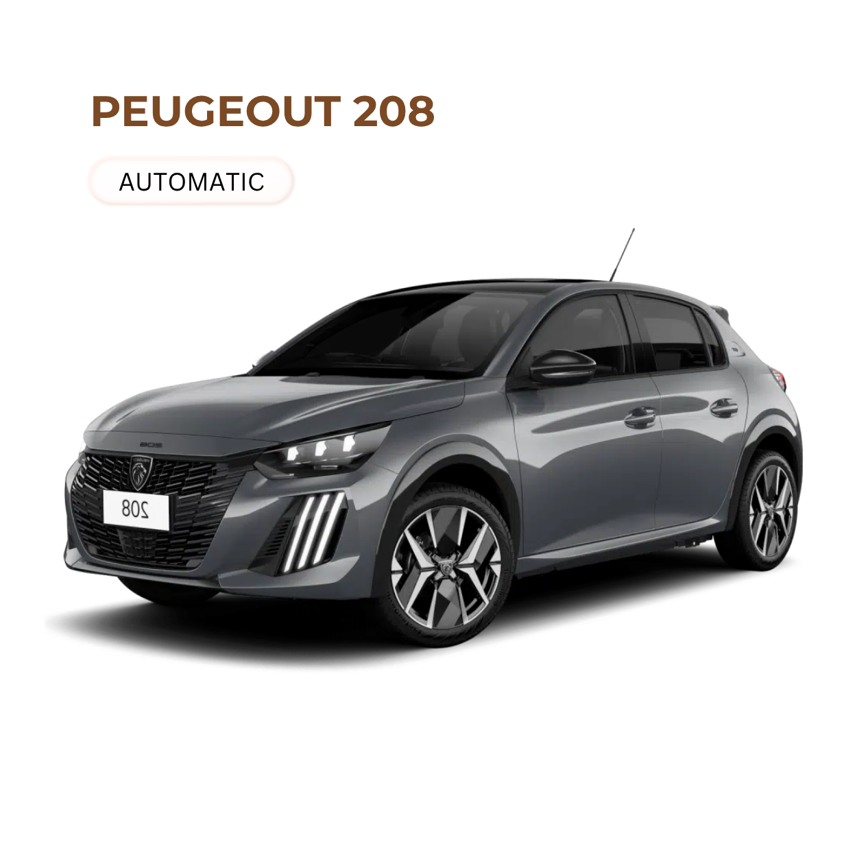 Gray Peugeot 208 hatchback car with black accents, modern design, and alloy wheels, shown in a studio setting.