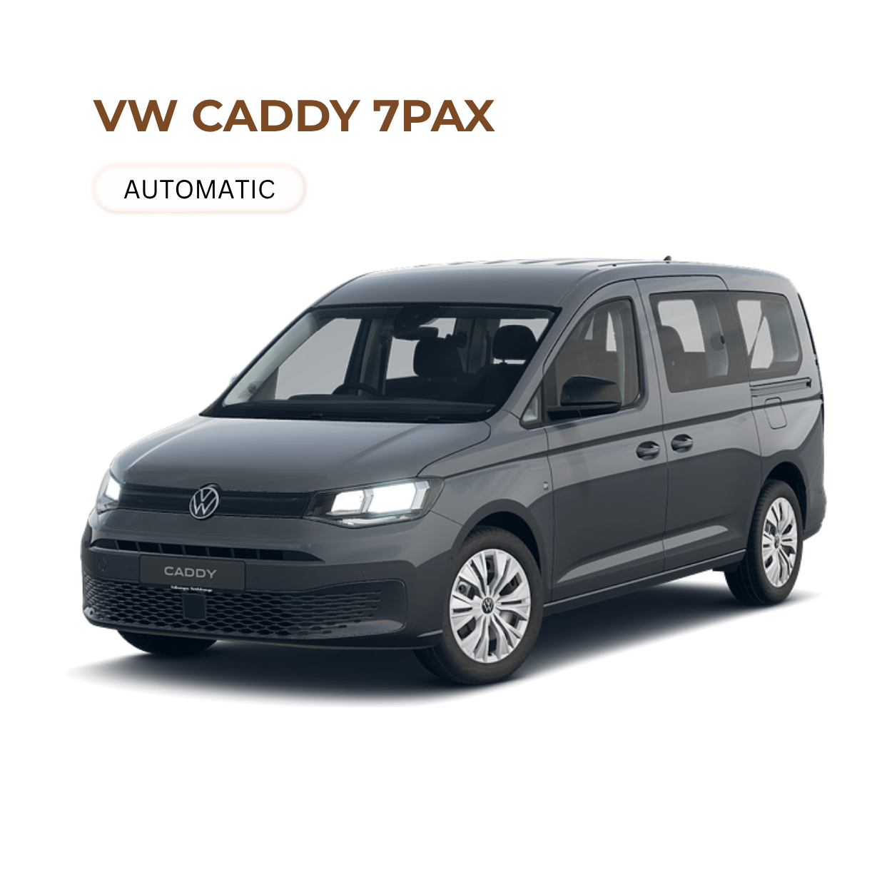 Front and side view of a gray Volkswagen Caddy 7PAX minivan with LED headlights.