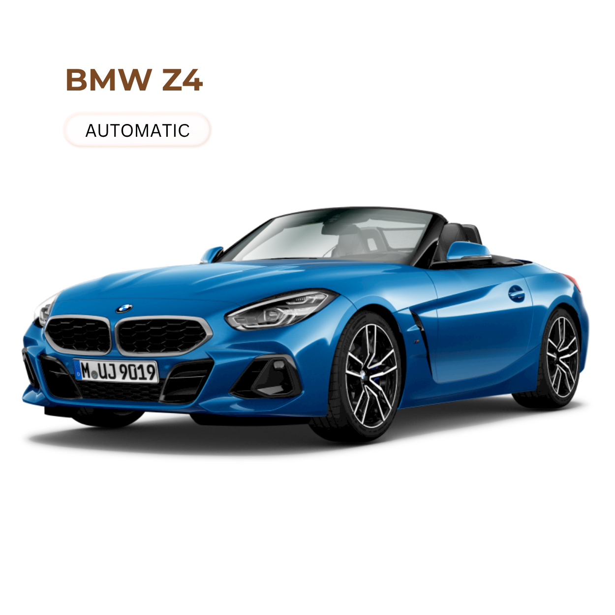Blue BMW Z4 convertible sports car with black and silver rims and a sporty design, front view showing the grille, headlights, and license plate 'M-UJ 9019'.