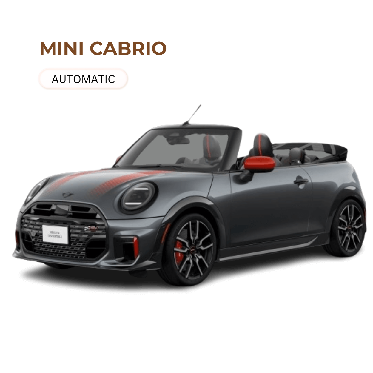 A dark gray Mini Cabrio convertible car with red accents, black and red alloy wheels, and a sunroof, shown at an angle.