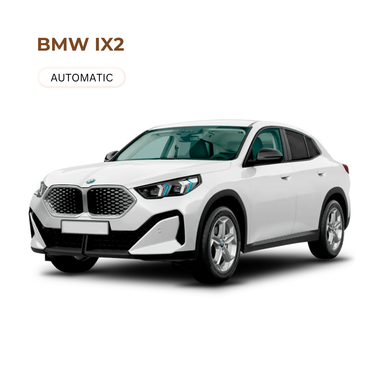 Front and side view of a white BMW IX2 with black accents and modern headlights, on a plain white background.