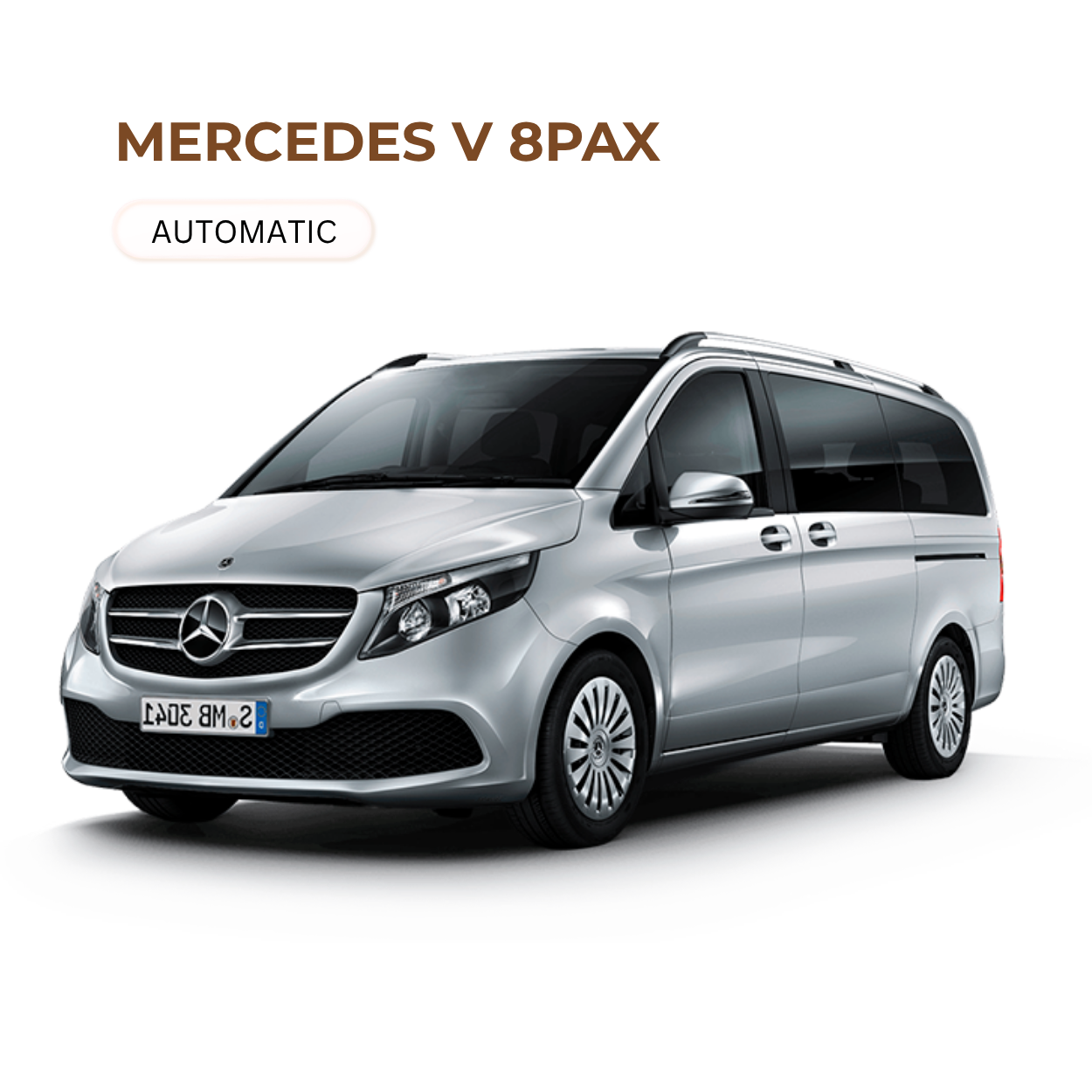 Silver Mercedes-Benz V 8PAX van with German license plate, front and side view, on a plain white background.